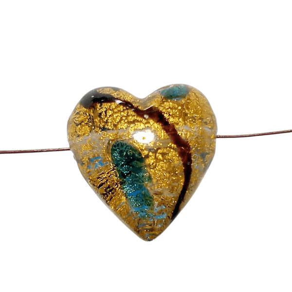 ベネチアンビーズ　ミロ：グリーンラインハート（２４ゴールドフォイル）20mm | 3枚目