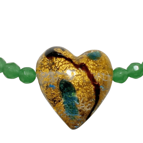 ベネチアンビーズ　ミロ：グリーンラインハート（２４ゴールドフォイル）20mm | 4枚目