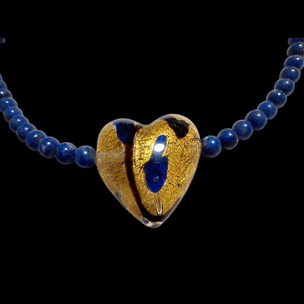 ベネチアンビーズ　ミロ：コバルトラインハート（２４ゴールドフォイル）20mm | 4枚目